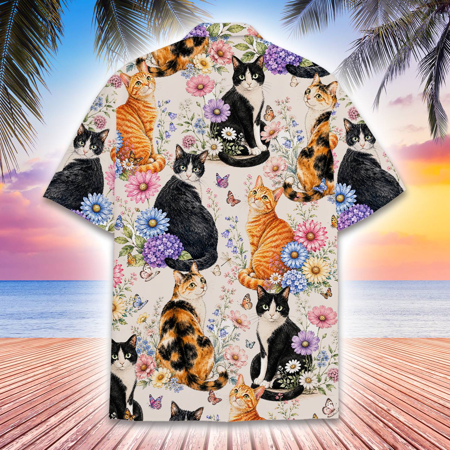 Matching family hawaiian shirts with cats and floral design, main view