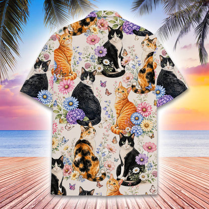 Matching family hawaiian shirts with cats and floral design, main view