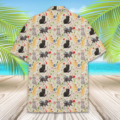 Close-up back view of the cats and flowers hawaiian shirt