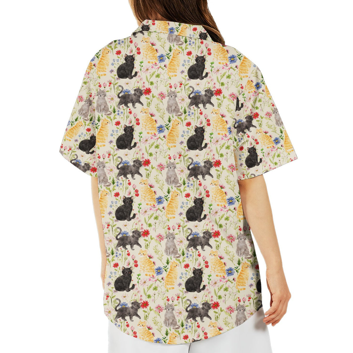 Back view of the matching family hawaiian shirt with cats and flowers