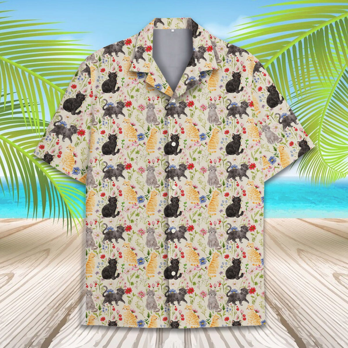 Close-up front view of the floral hawaiian shirt pattern