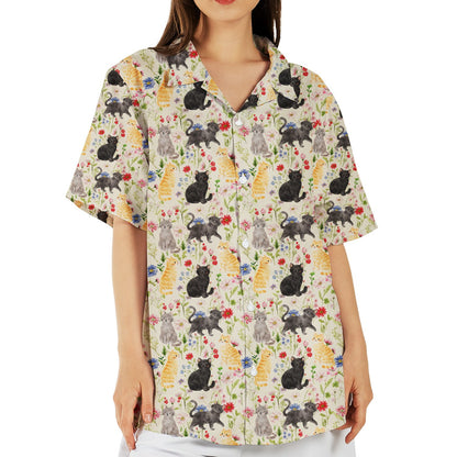 Front view of the cream floral and cat patterned hawaiian shirt