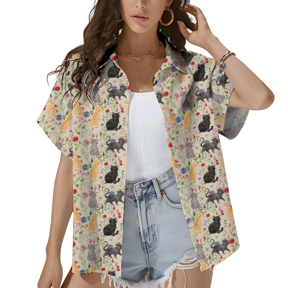 Alternate lifestyle view of the cats and flowers hawaiian shirt