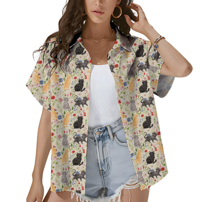 Alternate lifestyle view of the cats and flowers hawaiian shirt