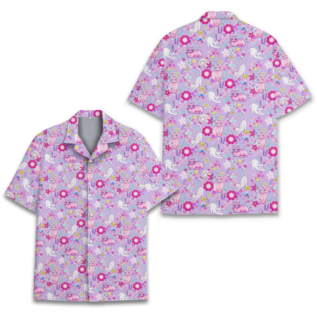 Matching family hawaiian shirt floral design on light purple, front view 2