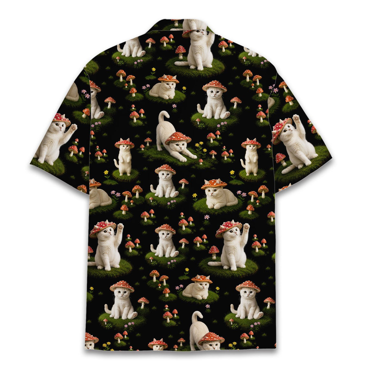 Close-up back view of the cats and mushrooms hawaiian shirt showing the continuous print
