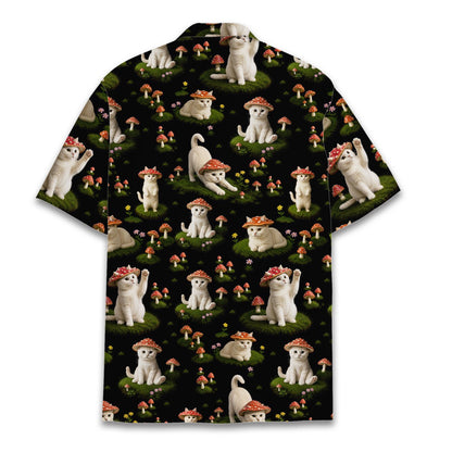 Close-up back view of the cats and mushrooms hawaiian shirt showing the continuous print