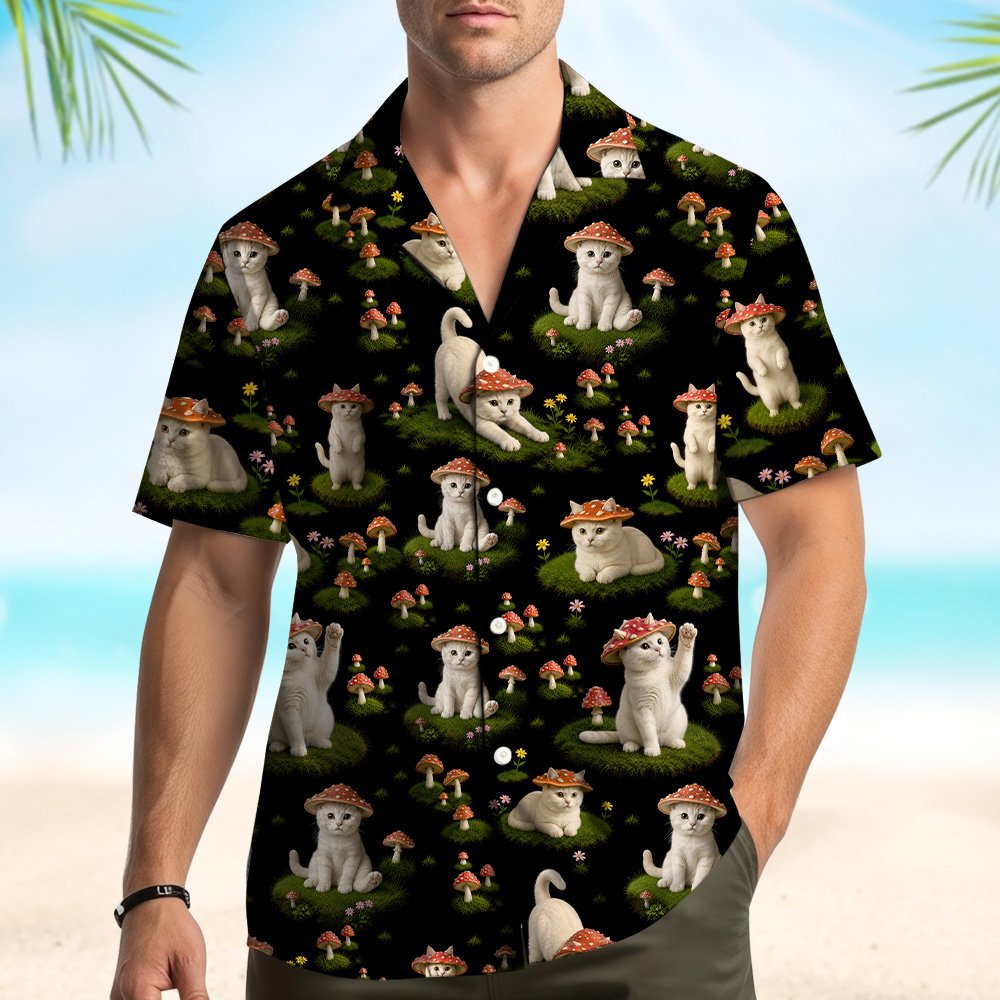 Back view of the cats and mushrooms hawaiian shirt showing the continuous print