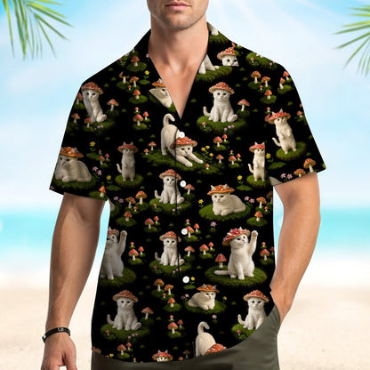 Back view of the cats and mushrooms hawaiian shirt showing the continuous print