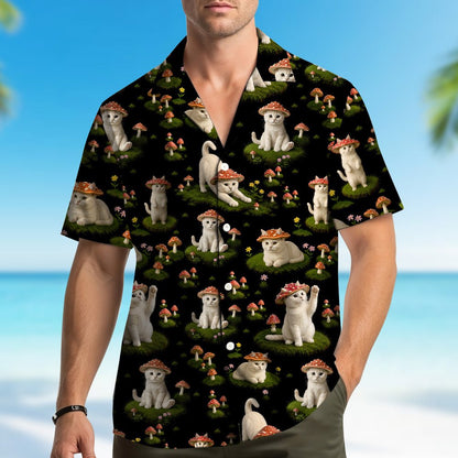 Close-up front view of the cats and mushrooms hawaiian shirt on black background
