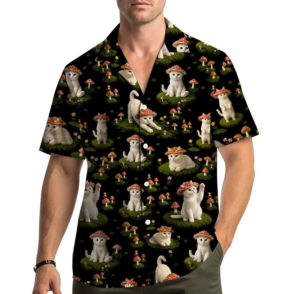 Front view of the cats and mushrooms hawaiian shirt on black background