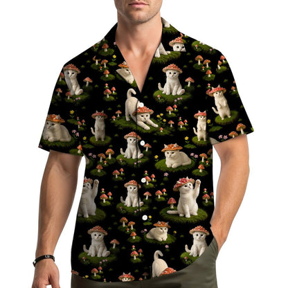 Cats and mushrooms hawaiian shirt with black background and white cats, main view alternate