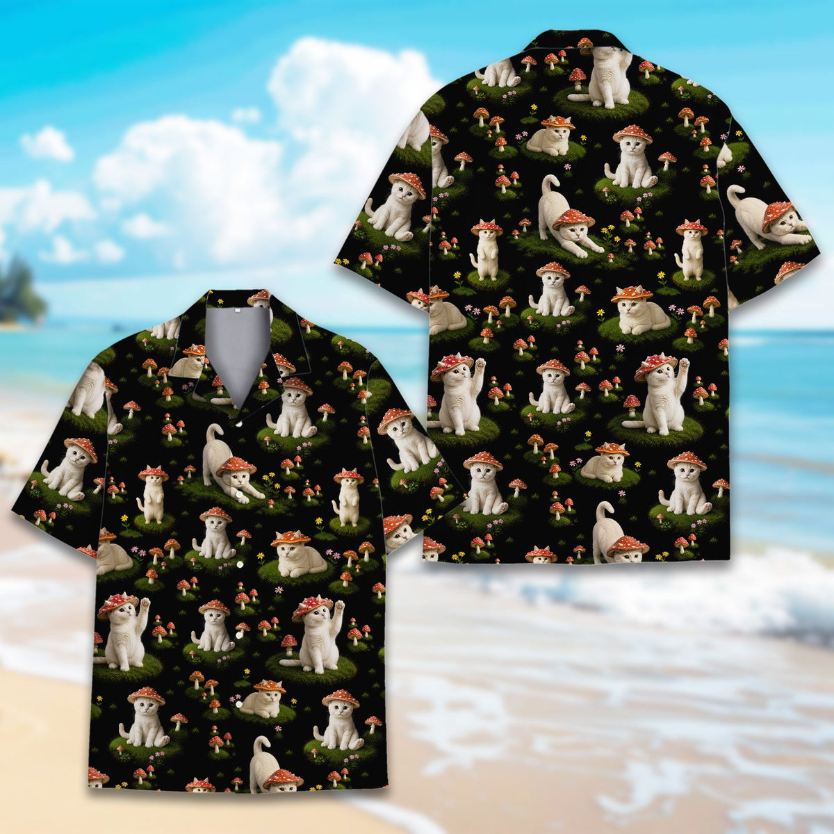 Second lifestyle view of someone wearing the cats and mushrooms hawaiian shirt
