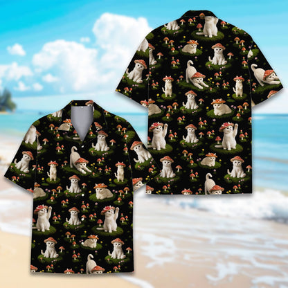 Second lifestyle view of someone wearing the cats and mushrooms hawaiian shirt