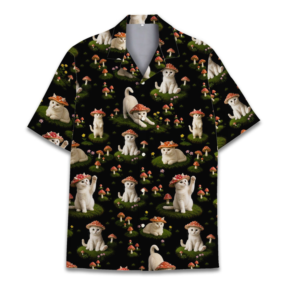 Third lifestyle view of someone wearing the cats and mushrooms hawaiian shirt