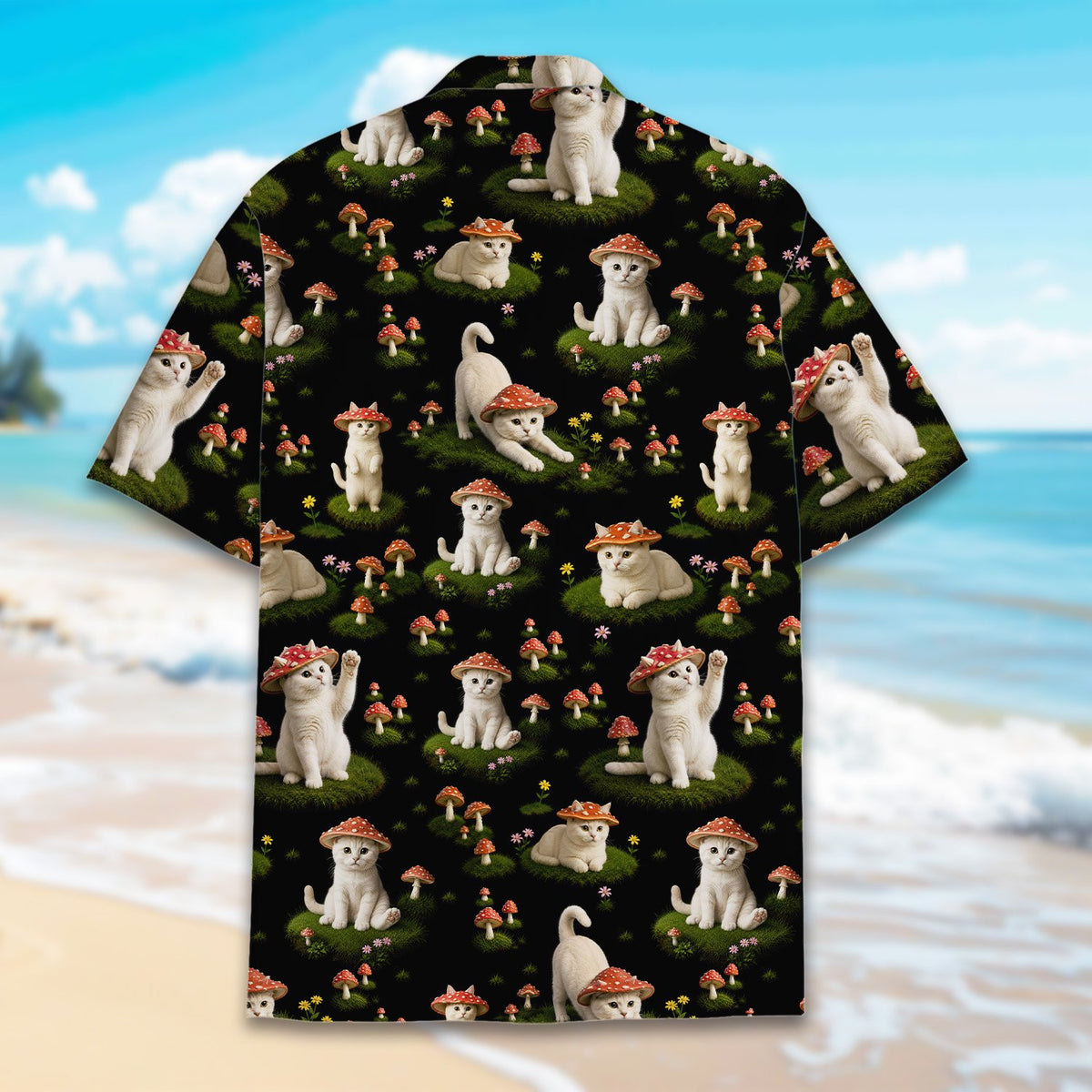 Lifestyle view of someone wearing the cats and mushrooms hawaiian shirt