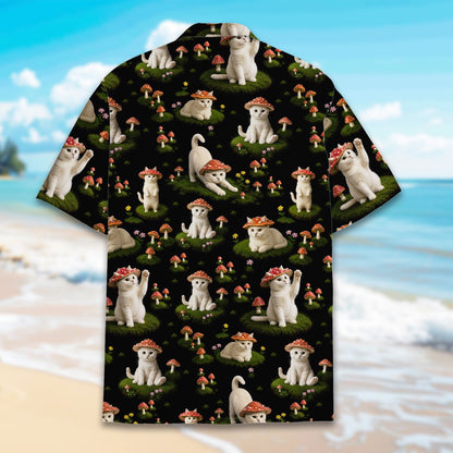 Lifestyle view of someone wearing the cats and mushrooms hawaiian shirt