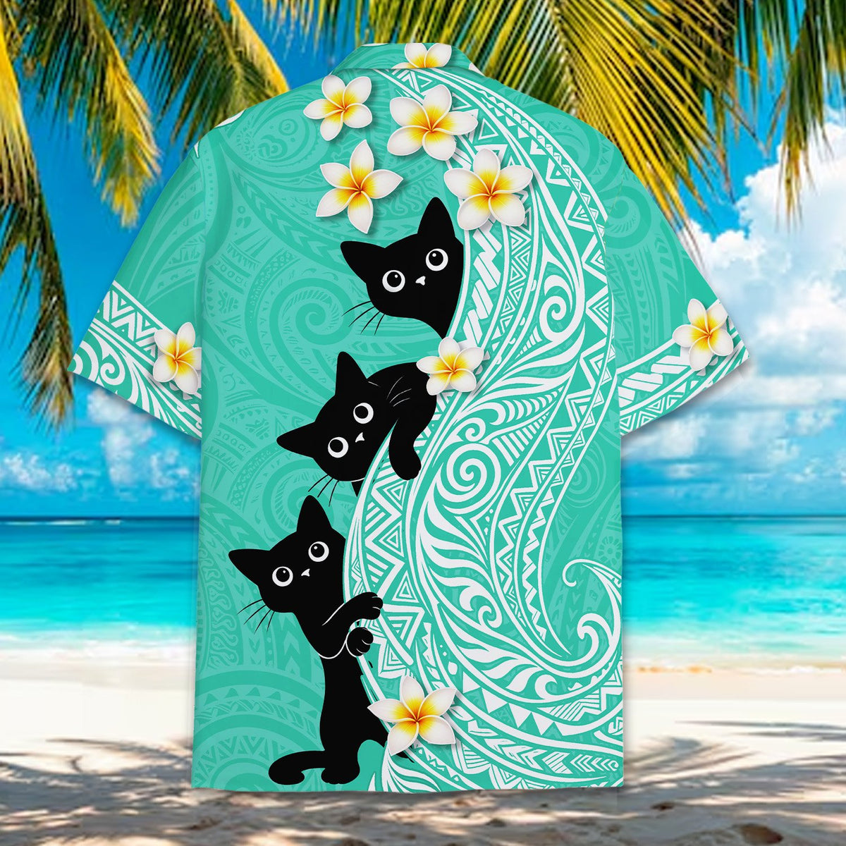 Back view of the teal hawaiian shirt with white tribal pattern
