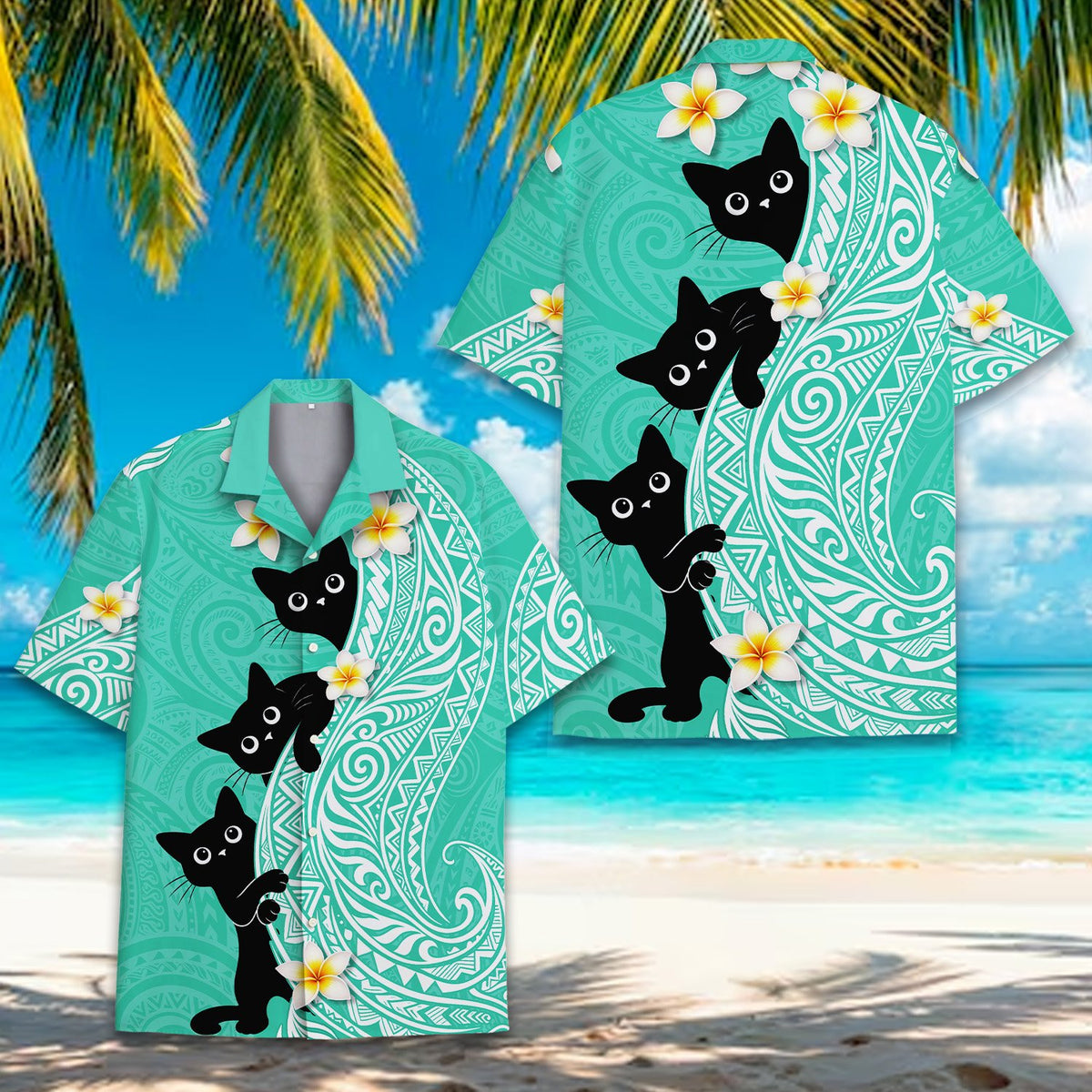 Detailed front look of the matching family hawaiian shirt in teal