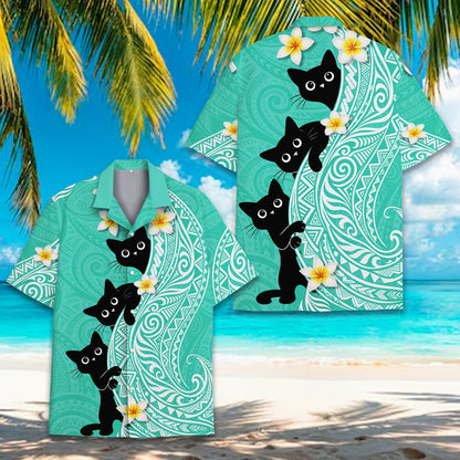 Detailed front look of the matching family hawaiian shirt in teal