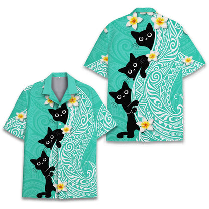 Another front view of the teal tribal hawaiian shirt
