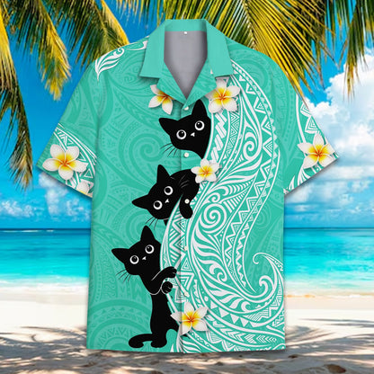 Front view of the teal polynesian hawaiian shirt with black cats