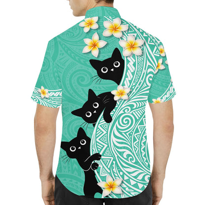 Another lifestyle view of the teal polynesian hawaiian shirt