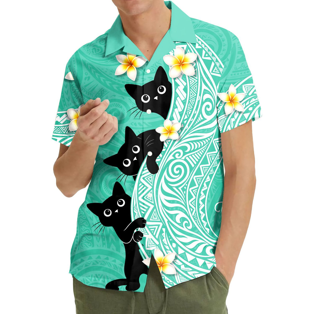 Close-up lifestyle view of the matching family hawaiian shirt
