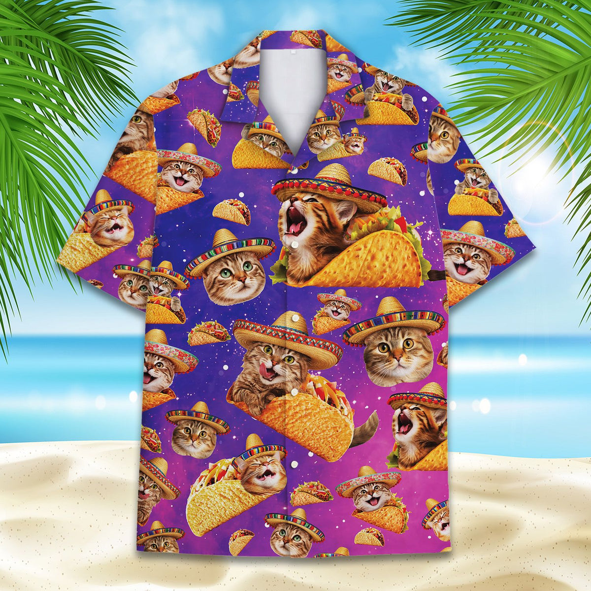 Purple galaxy cats and tacos shirt front view