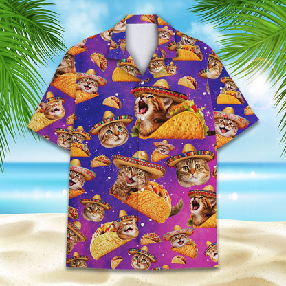 Purple galaxy cats and tacos shirt front view