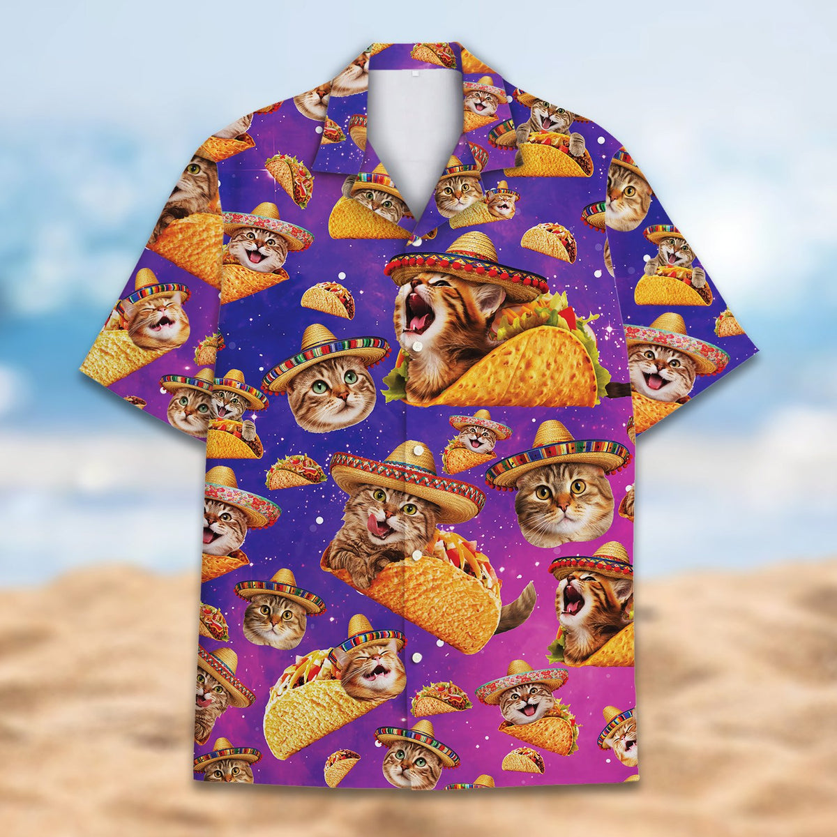 Matching family hawaiian shirts cat and taco design detail