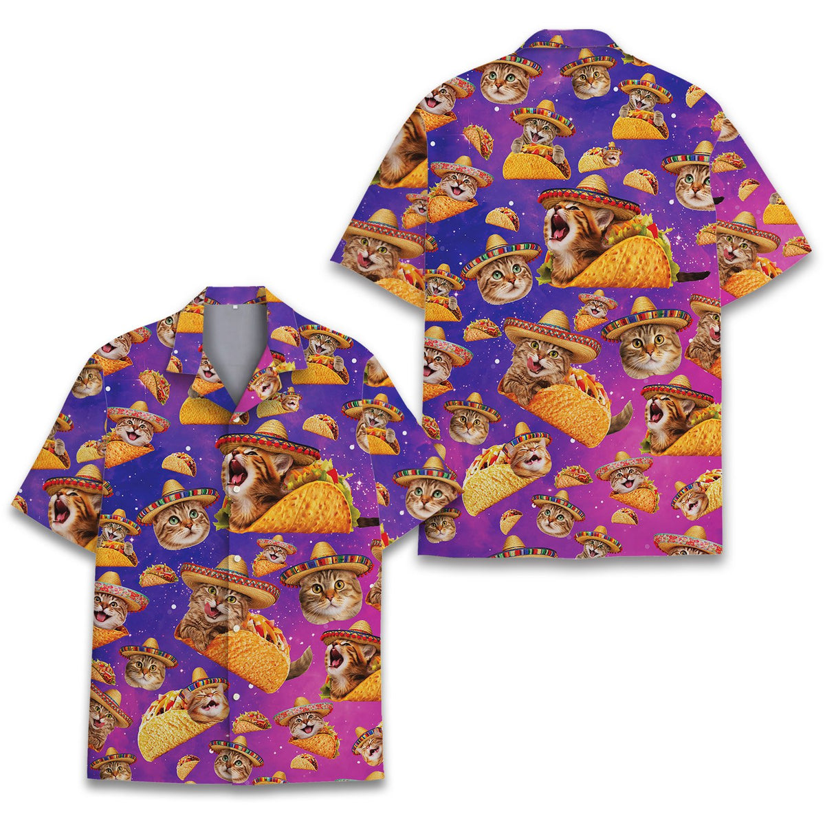 Vibrant purple tacos hawaiian shirt front close up