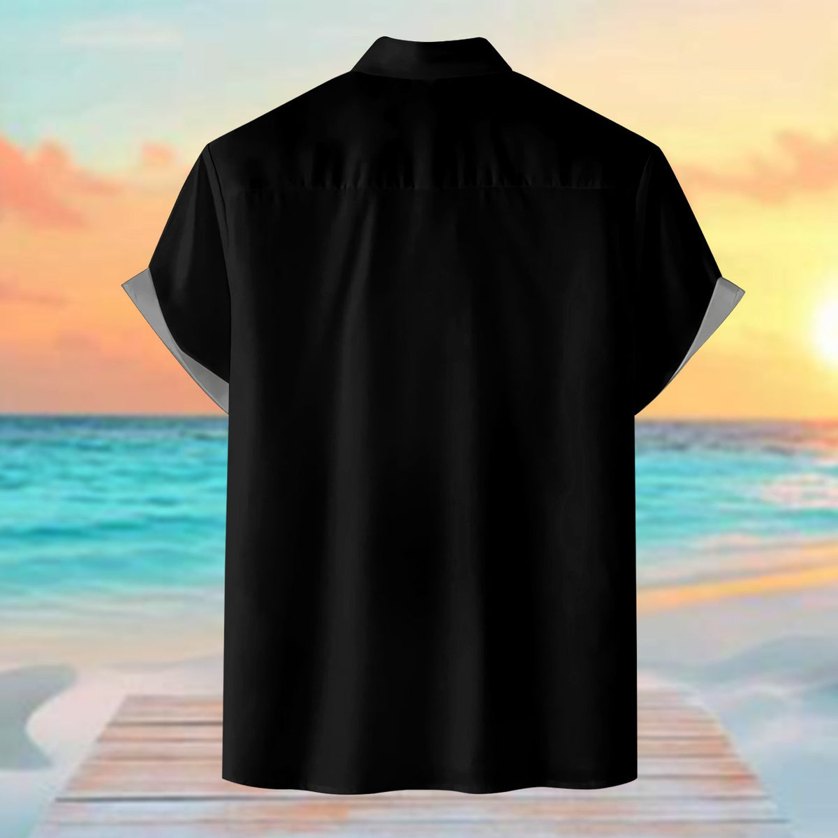 Cats hawaiian shirt featuring a black and white geometric starburst pattern, back view