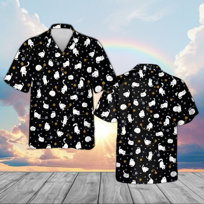 Black matching family Hawaiian shirt with repeating cats pattern front view