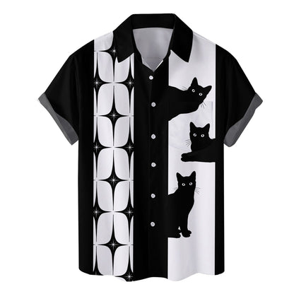 Cats hawaiian shirt featuring a black and white geometric starburst pattern, main view 2