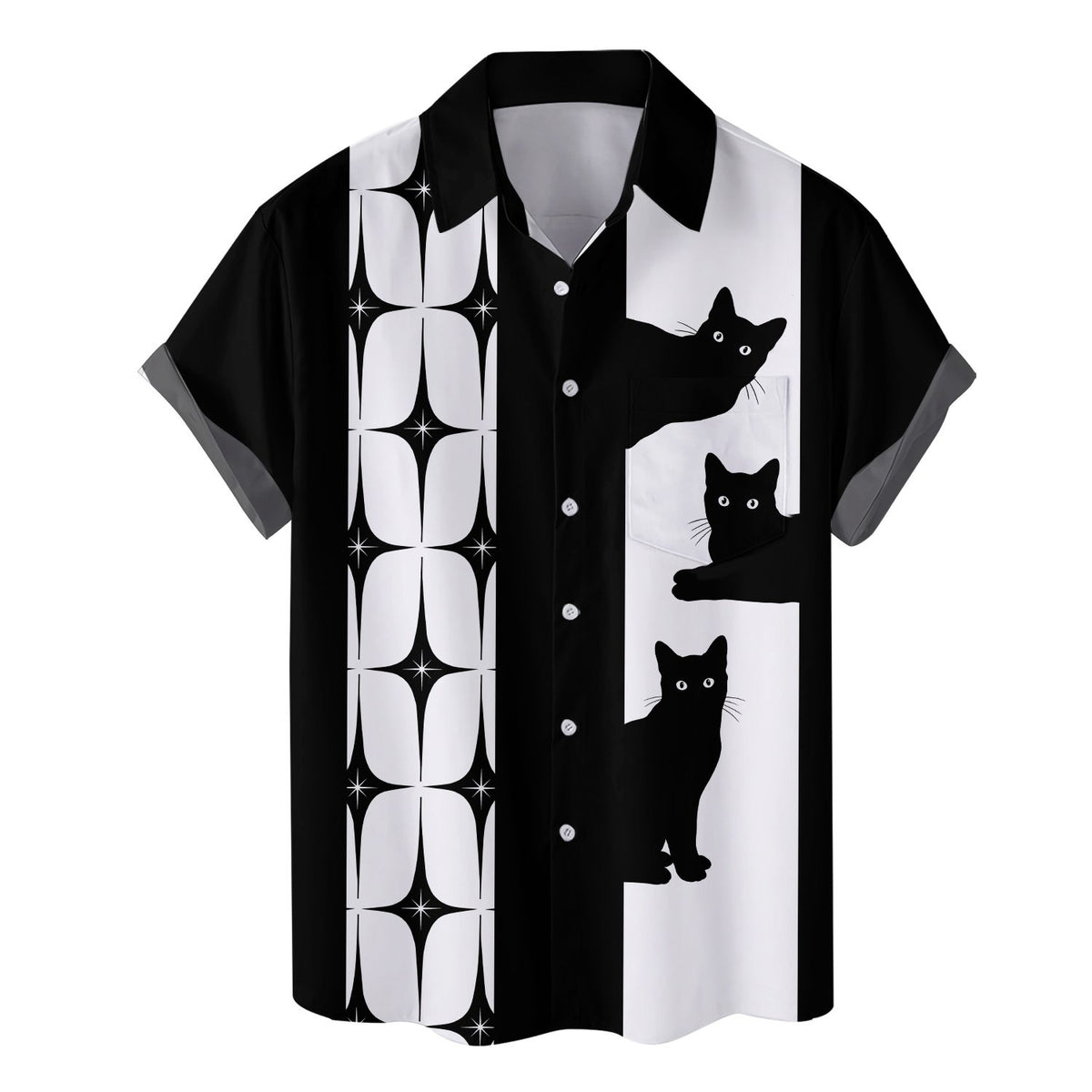 Cats hawaiian shirt featuring a black and white geometric starburst pattern, front view