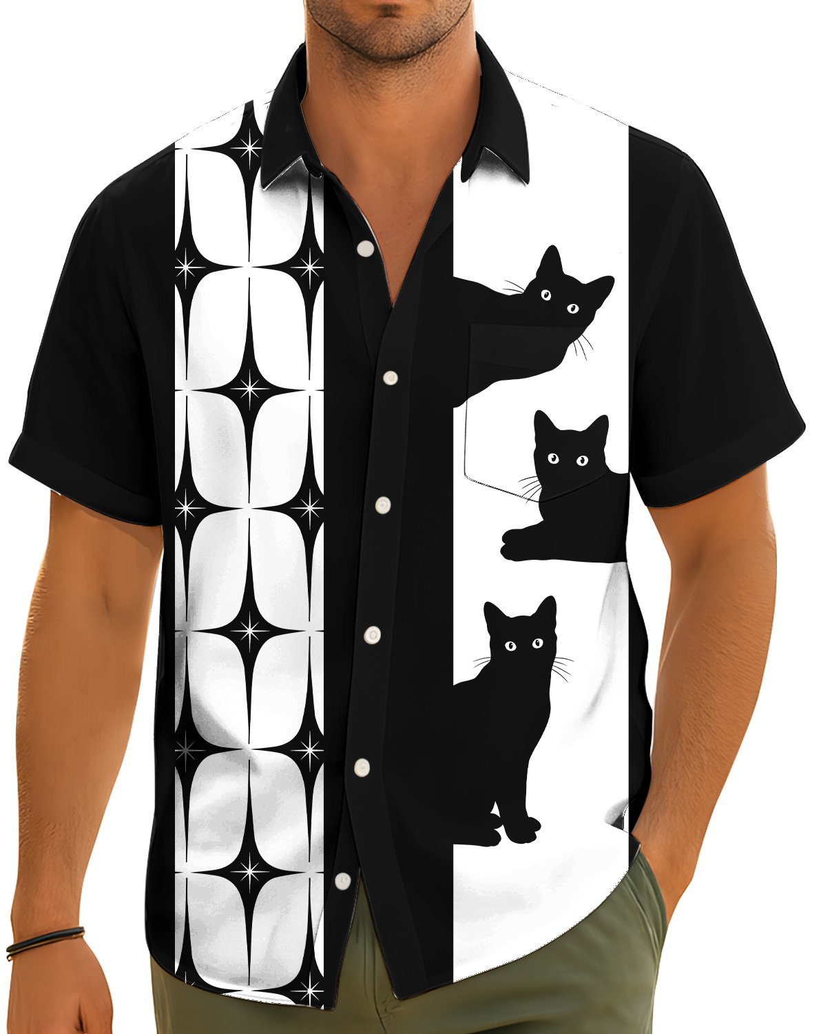 Cats hawaiian shirt featuring a black and white geometric starburst pattern, lifestyle view 2