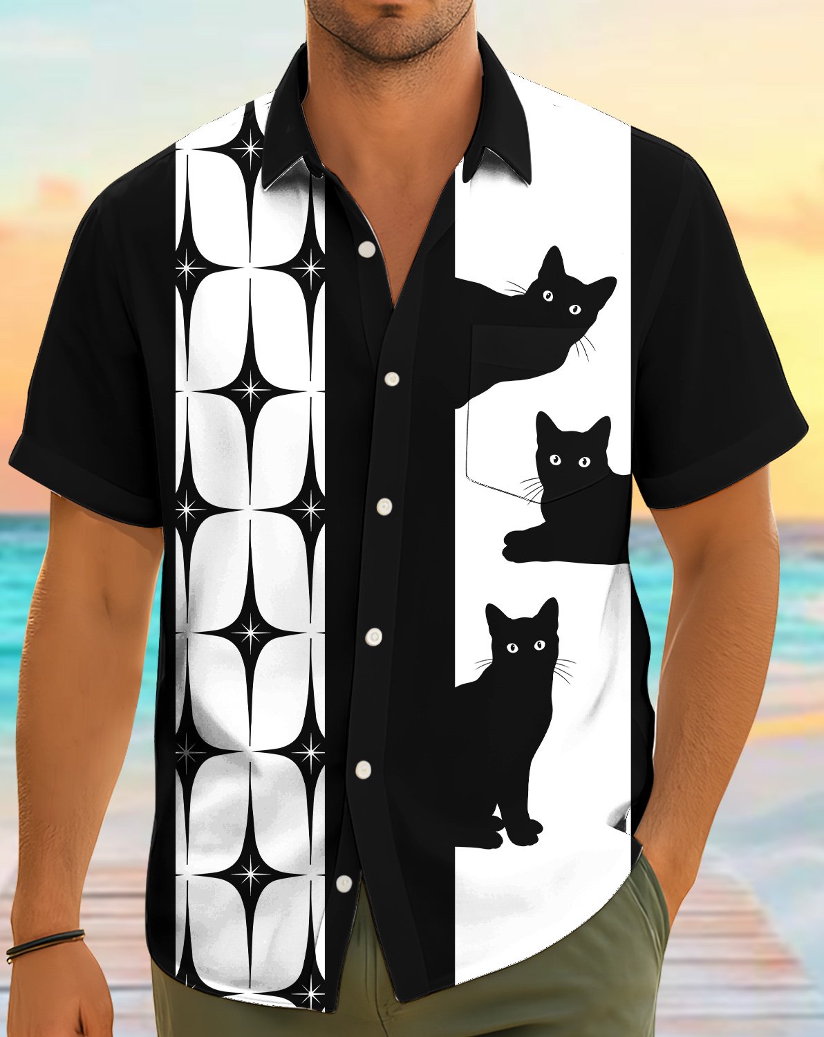 Cats hawaiian shirt featuring a black and white geometric starburst pattern, lifestyle view 1