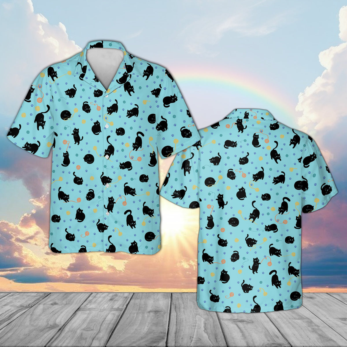 Light blue matching family Hawaiian shirt with cat and paw print design front view