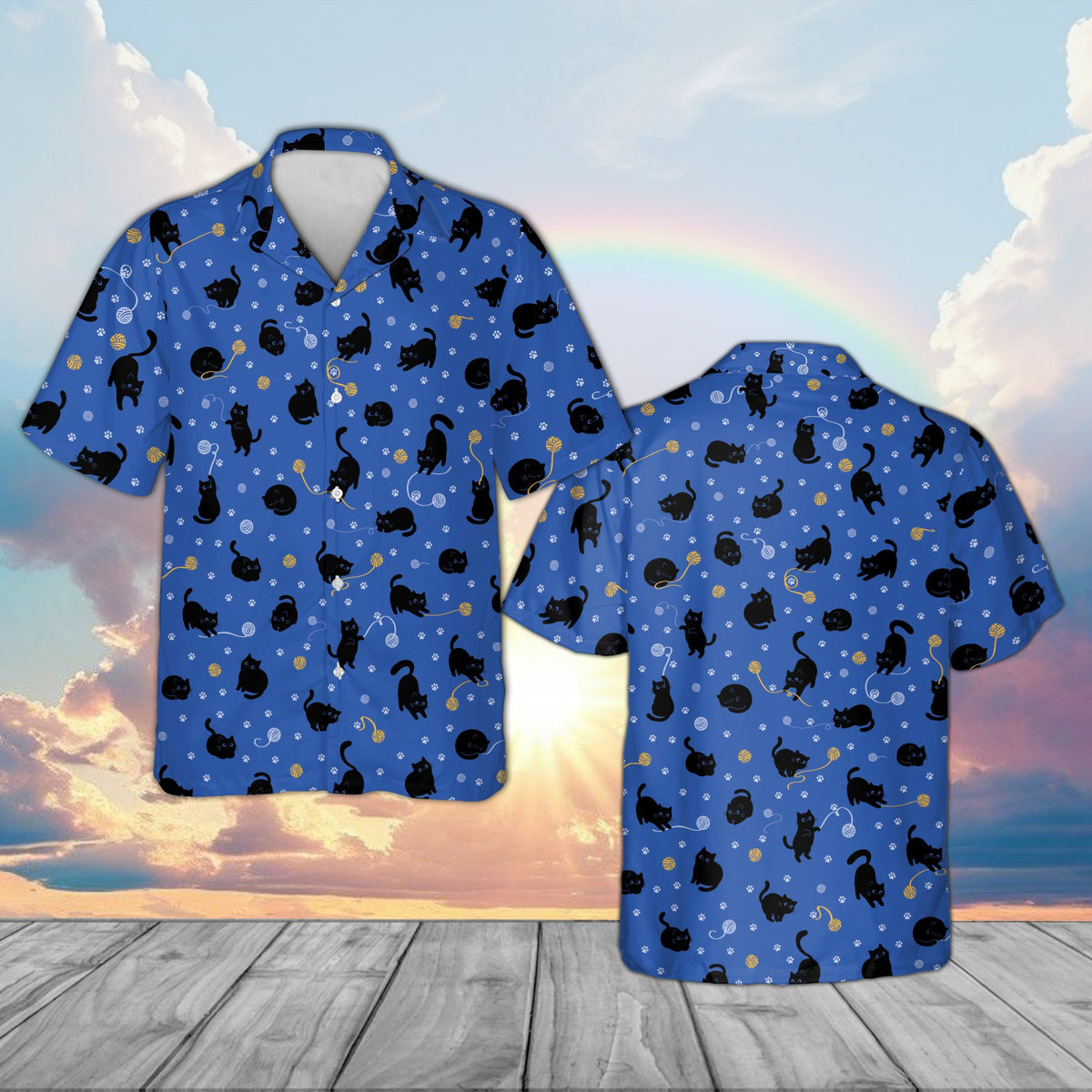 Blue matching family Hawaiian shirt highlighting cat design front view