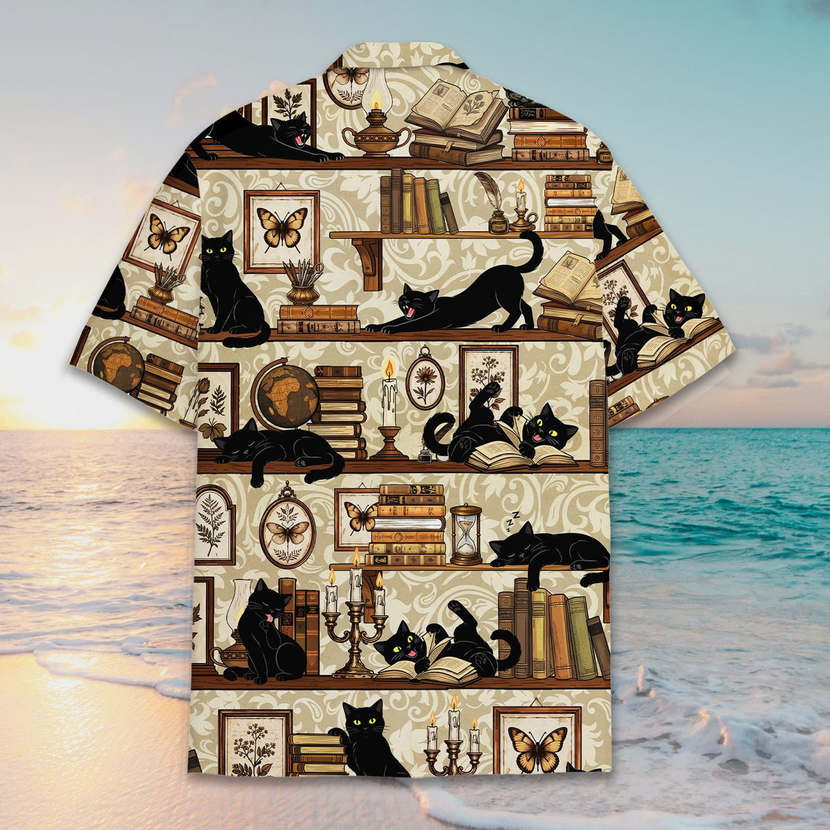 Detailed front view of the books and feline pattern on the hawaiian shirt