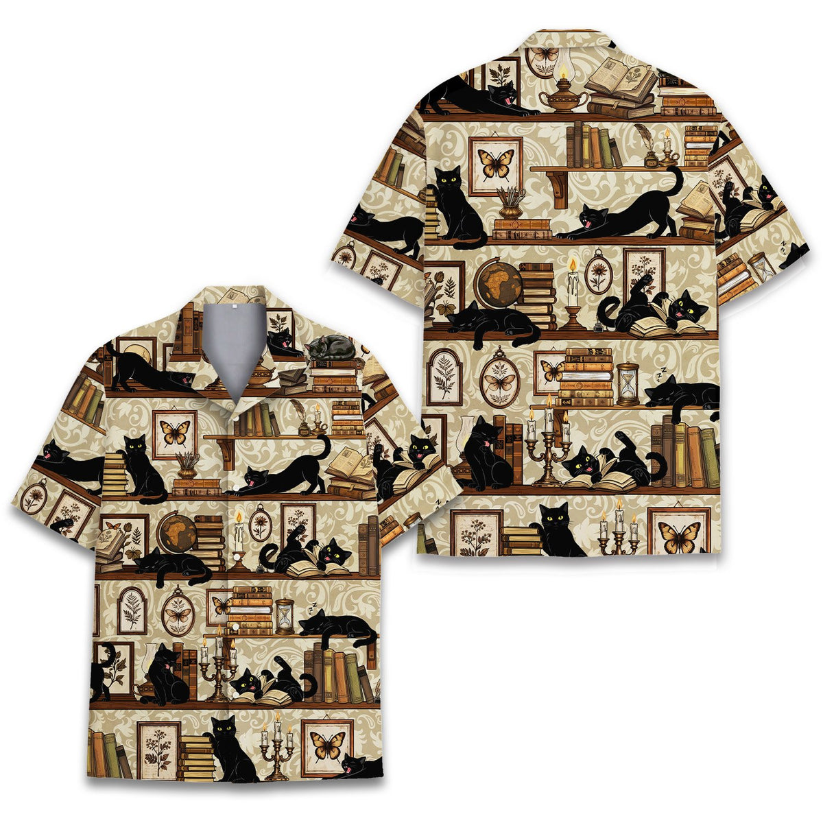 Close up front view showing the collar and button details of the hawaiian shirt
