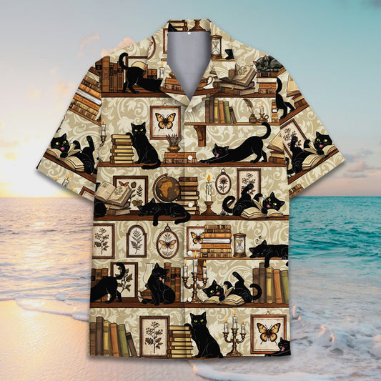 Main view of the matching family books hawaiian shirt with black feline and library pattern