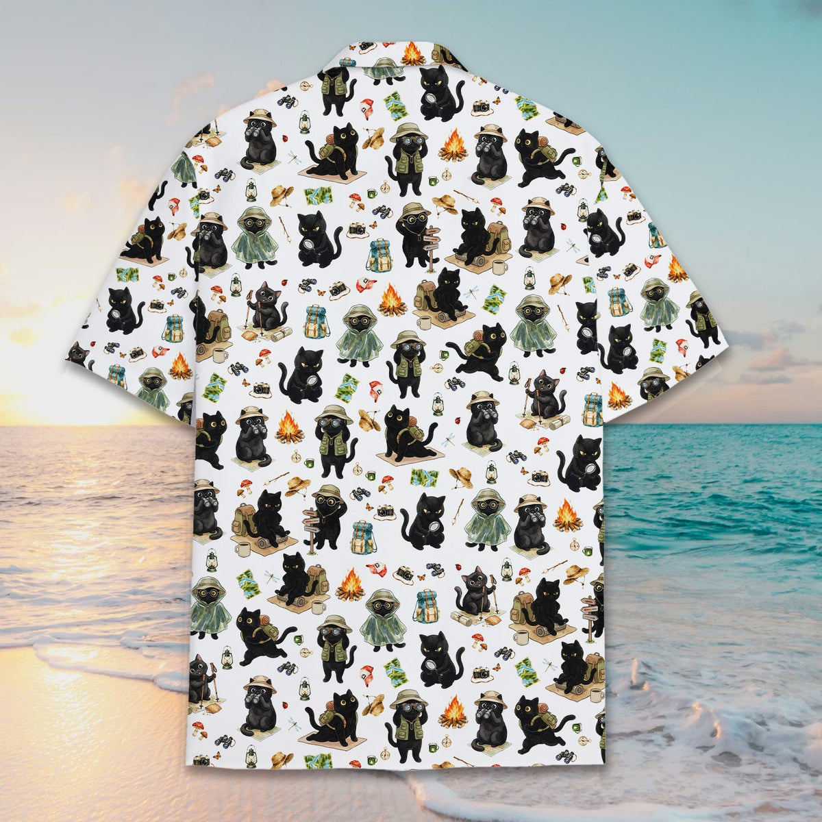 Back view of the camping hawaiian shirt showing the outdoor pattern