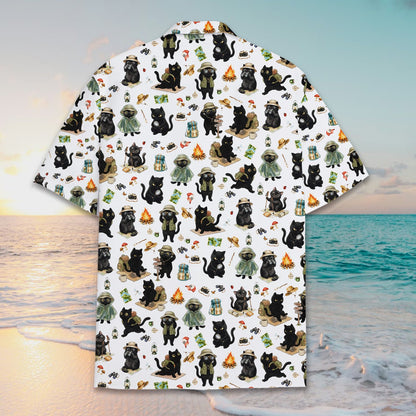 Back view of the camping hawaiian shirt showing the outdoor pattern