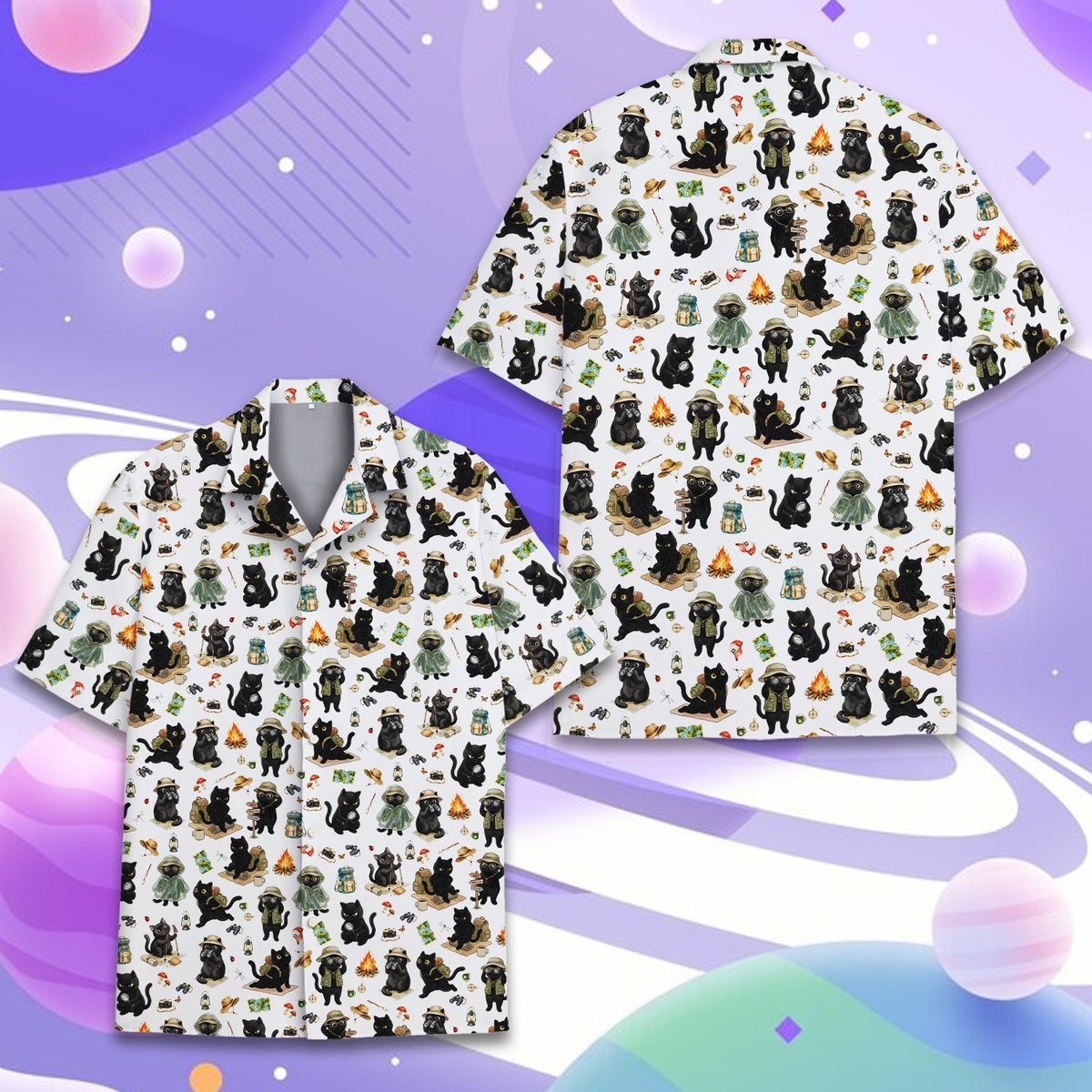 Close-up front view of the camping hawaiian shirt