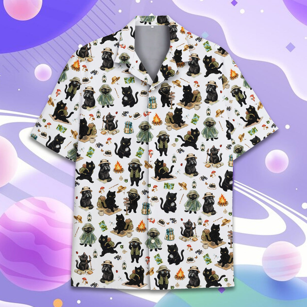 Camping pattern front view on a hawaiian shirt