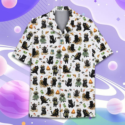 Camping pattern front view on a hawaiian shirt