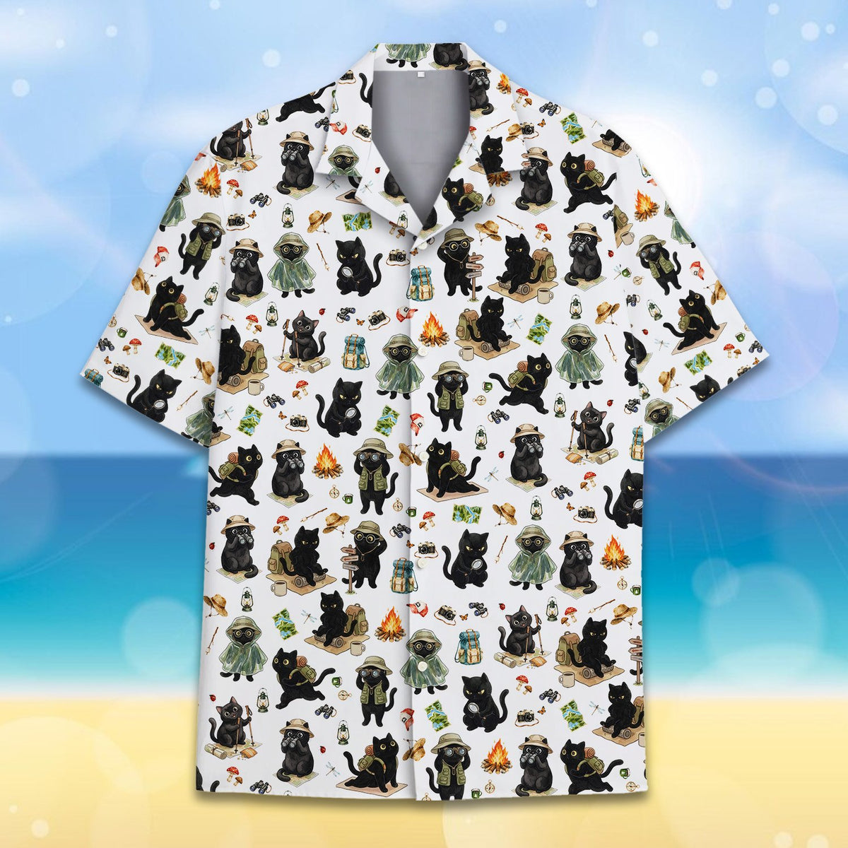 Full front view of the camping hawaiian shirt