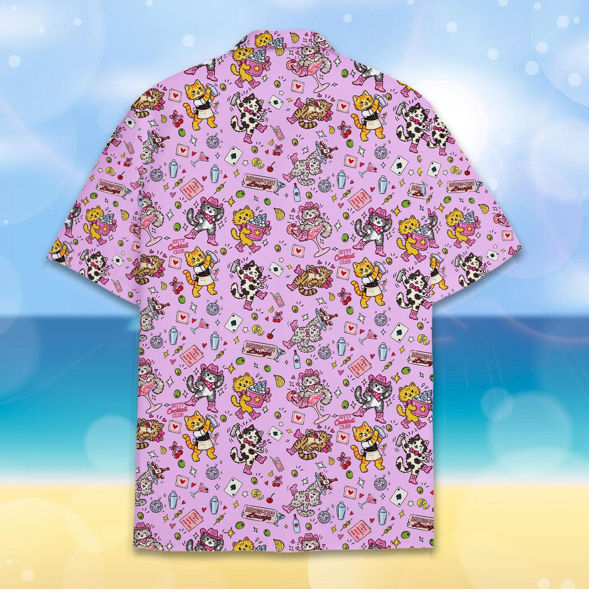 Back view of the multicolor drinks and lounge pattern hawaiian shirt